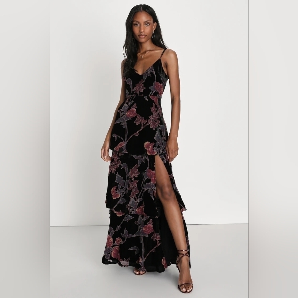 Lulus I Love You Amore Black Floral Velvet Tiered Maxi Dress M Wedding Party - Picture 2 of 11